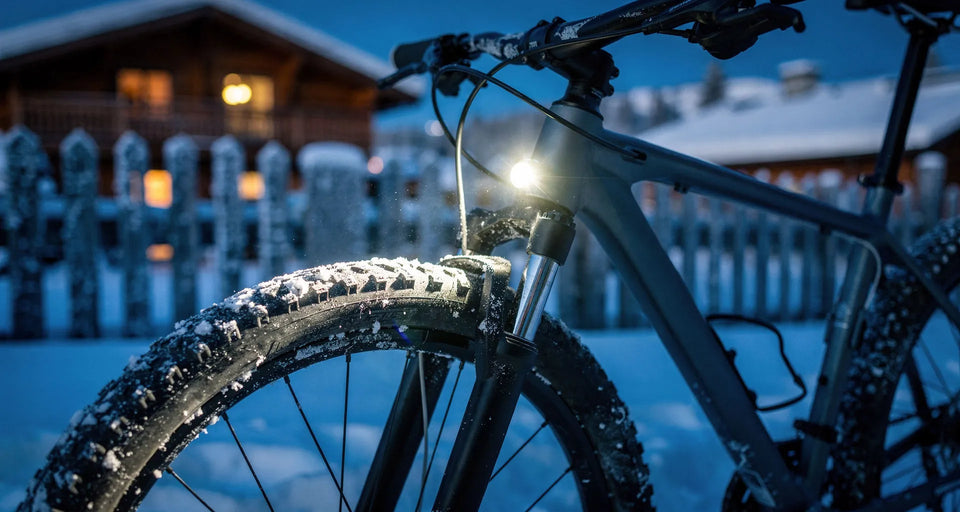 Vorderrad mit Fahrradlicht im Schnee vor einem Chalet zur blauen Stunde