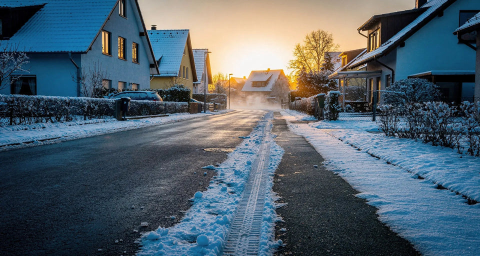 Verschneite Wohnstraße mit frischer Fahrradspur im Morgenlicht