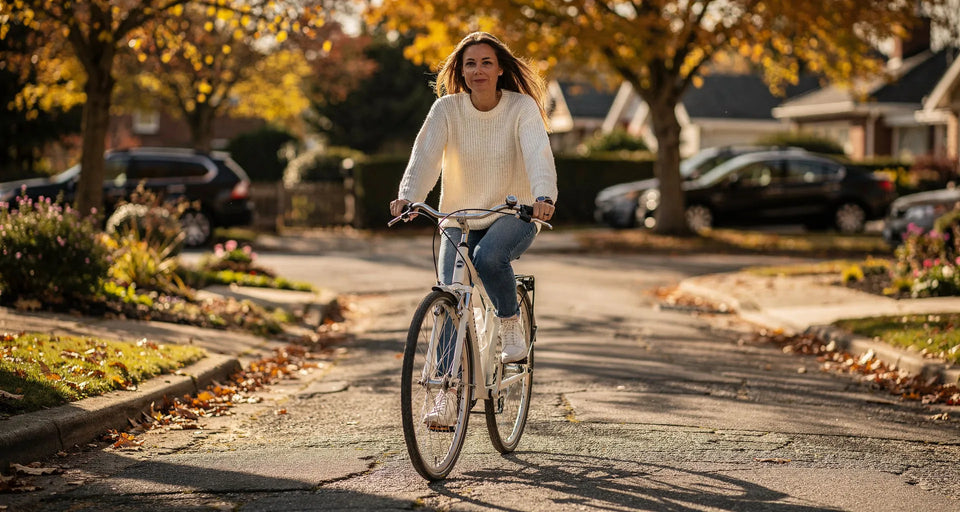 Radfahrerin im weißen Pullover auf einer ruhigen Wohnstraße im Herbst