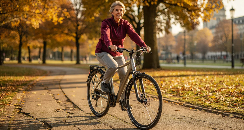 Radfahrerin in bordeauxroter Fleecejacke auf einem E-Bike im Park im Herbst