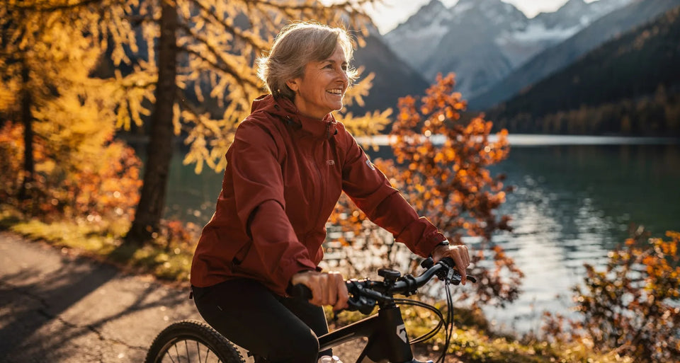 Radfahrerin auf dem Trekkingrad am Bergsee im Herbst, goldene Lärchen im Gegenlicht
