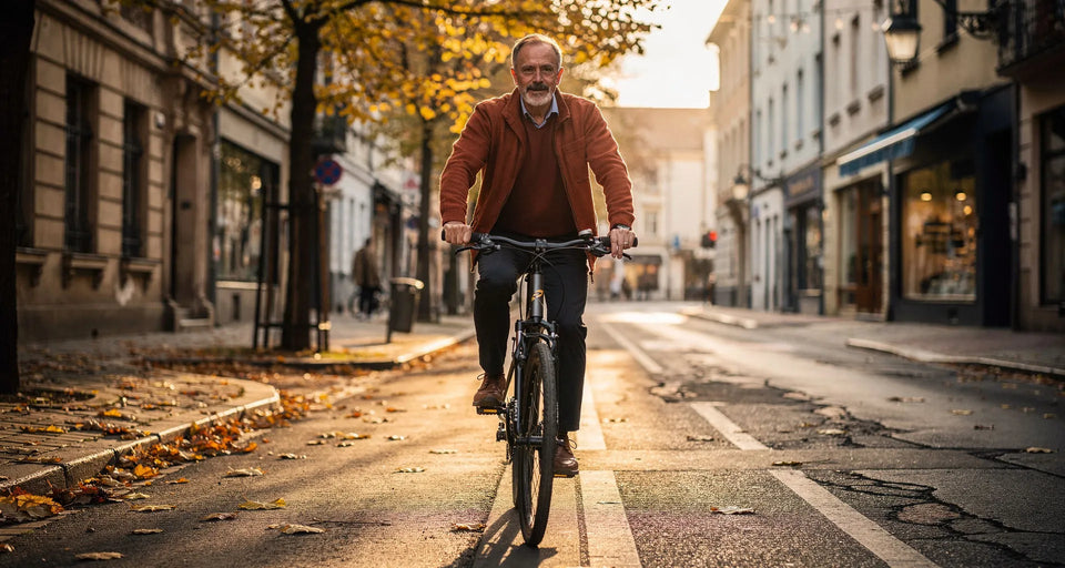 Radfahrer in rostrotem Pullover auf einer Stadtstraße im Herbst