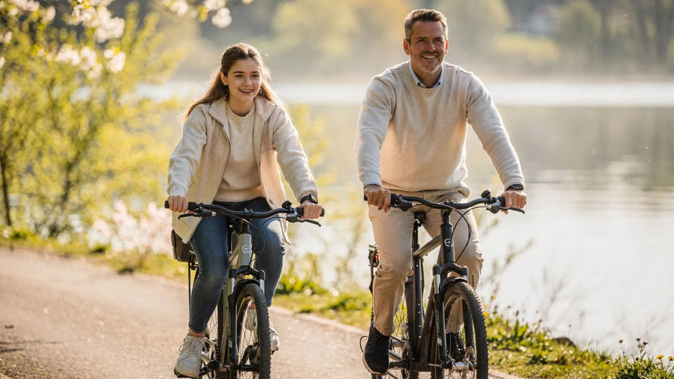 Jugendliche und Vater fahren nebeneinander am See im Frühling, im Gegenlicht