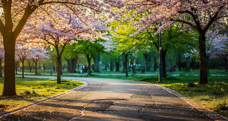 Parkweg mit Kirschblüte im Frühling
