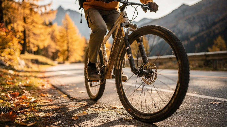 Radfahrer um die 50 auf einer Passstraße, im Herbst, im Gegenlicht