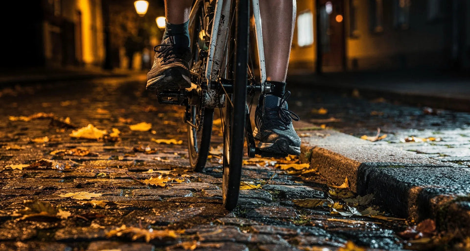 Pedal und Schuh auf nassem Kopfsteinpflaster bei Nacht, Laub am Boden