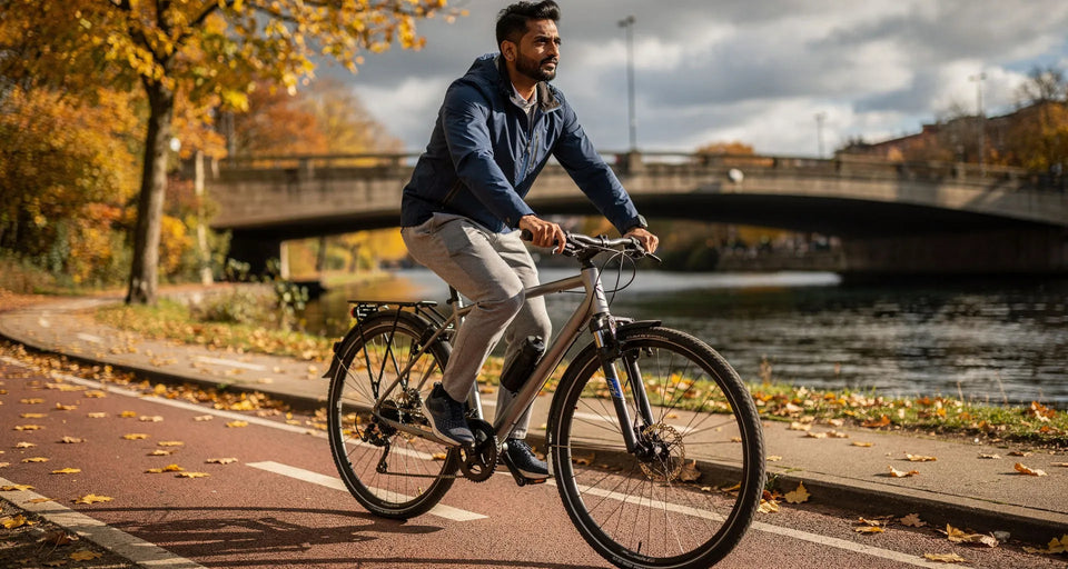 Radfahrer in dunkelblauer Jacke an einem Kanal in der Stadt im Herbst