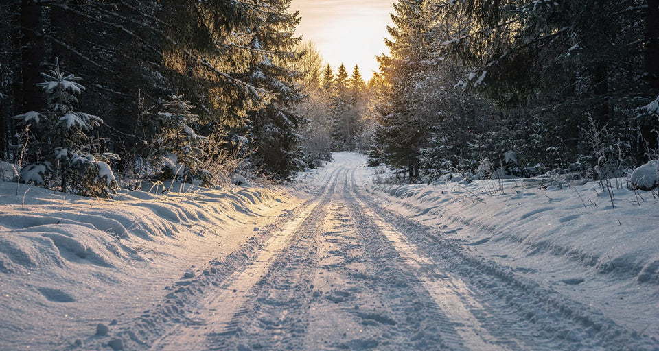 Verschneiter Waldweg mit Reifenspuren in tiefer Wintersonne